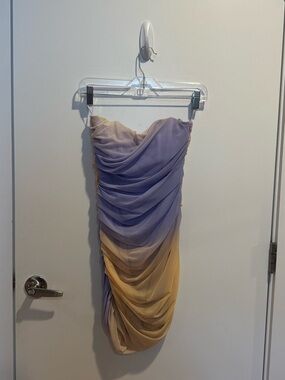 Zara Ombré Strapless Draped Midi Dress in Lavender and Peach